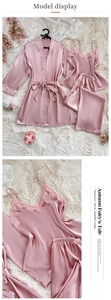 Détail de pyjama 4 pièces en satin de soie rose lotus avec bordure en dentelle