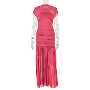 Detail of red ruched mesh dress with double-layer fabric and sleeveless slim-fit cut