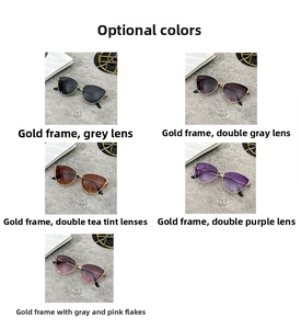 Cat eye sunglasses detail showing five lens colors with slim gold metal frames