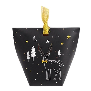 Minimalist black Christmas gift box with golden ribbon handle and reindeer pattern