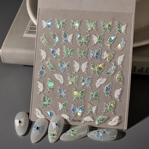 3D butterfly nail stickers with holographic and white lace relief designs on matte tips