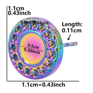 Detailed view of rainbow stainless steel stud earring with blue stones and size markings