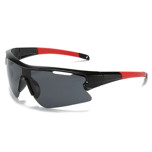 Detail of square frame sports sunglasses with black and red splicing and grey lenses