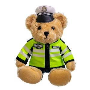 Front view of an adorable plush teddy bear in a traffic police uniform with vest
