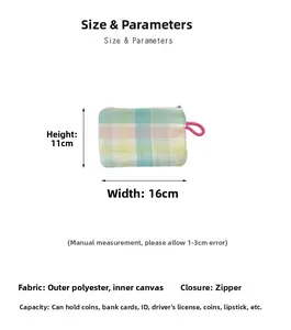 Detailed view of check pattern organizer bag showing 11x16cm dimensions and zipper
