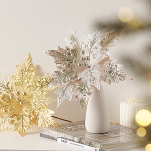 Champagne gold Christmas artificial flower with sequins and pearls in a vase