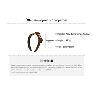 Detail showing brown flocked headband with rectangular diamond buckle and alloy material