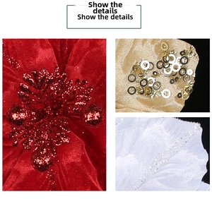 Close-up of sparkling glitter sequins and velvet fabric textures on Christmas flower petals