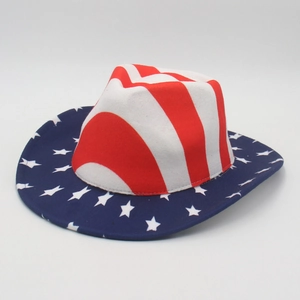 Top down view of American flag cowboy hat with red white stripes and blue star brim