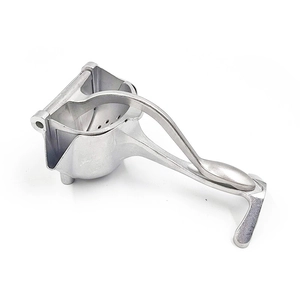 Close-up of durable silver metal manual citrus juicer with long handles on white background