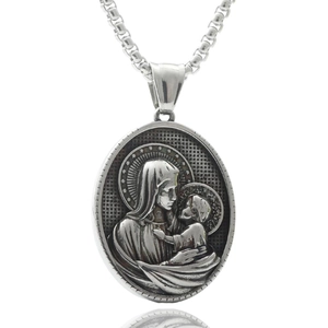 Punk vintage stainless steel oval religious portrait pendant necklace on white background