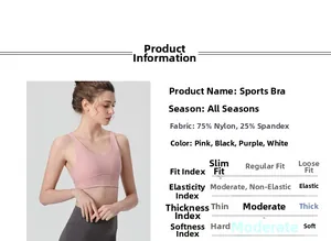 Detail view of pink high-support sports bra made of 75% nylon and 25% spandex