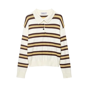 Women Striped Knit Polo Sweater Long Sleeve Pullover Contrast Color Preppy Style Casual Polyester Knitted Top
