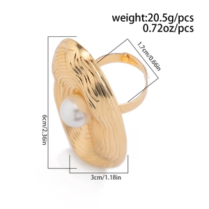 Detailed view of large gold pearl ring with textured band, 20.5g weight and size metrics