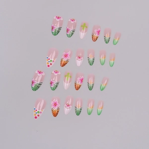 French almond fake nails with 3D flowers and leopard print, 24-piece full set