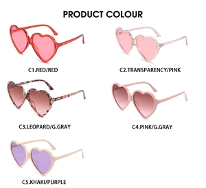 Detailed view of heart-shaped sunglasses in five vibrant colors with matching lenses