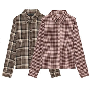 Women Plaid Shirt Long Sleeve Button Down Polyester Casual Slim Fit Vintage Turn-down Collar Blouse
