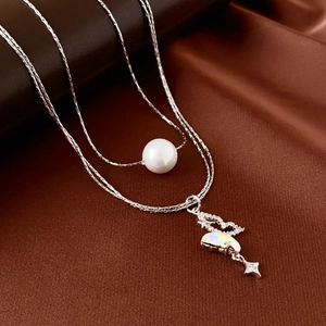Double Layer Necklace Alloy Zircon Imitation Artificial Pearl Butterfly Star Pendant Silver Color Minimalist Clavicle Chain Women