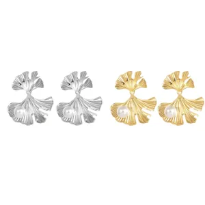 Ginkgo Leaf Stud Earrings Stainless Steel With White Artificial Pearl French Vintage Elegant Nature Jewelry For Women