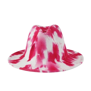 Pink and white tie-dye wool felt fedora hat with a stylish wide brim jazz style