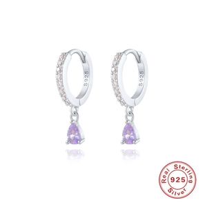 Close-up of S925 sterling silver hoop earrings with purple teardrop gemstones and hallmarks