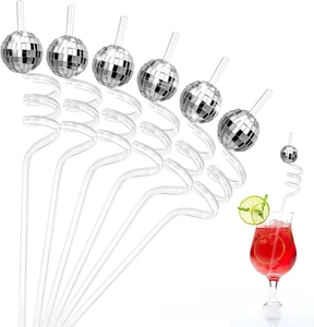 Set of six transparent spiral straws with silver disco ball decorations for party use