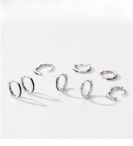Detail of S925 sterling silver hoop earrings with multicolored rectangular cut stones