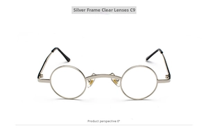 Detail view of silver metal round glasses frame with clear lenses and model C9 label