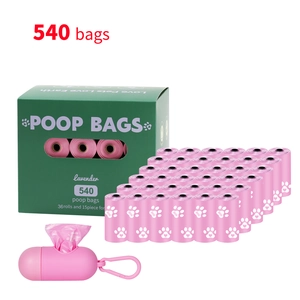 Detail of 540 lavender scented biodegradable dog poop bags with pink dispenser and green box.