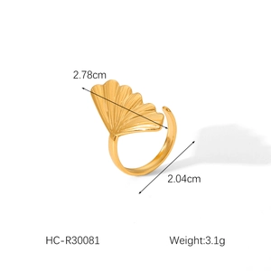 Detailed size specifications for gold fishtail ginkgo leaf open ring in stainless steel