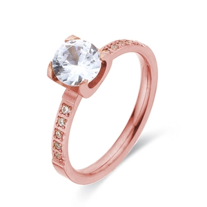 Classic 6mm rose gold stainless steel ring featuring a brilliant round zircon stone