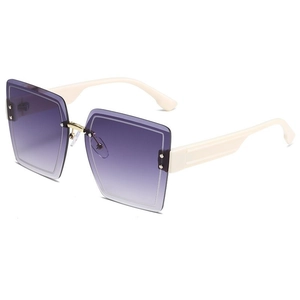Women's oversized rimless sunglasses with purple gradient lenses and cream temples