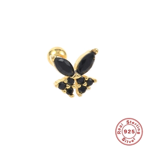 S925 sterling silver butterfly stud earring with gold plating and black crystals
