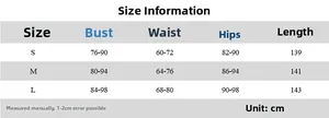 Size chart for women's V-neck long sleeve dress detailing S to L measurements in centimeters