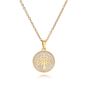 Collier Arbre de Vie doré avec pendentif rond en nacre blanche et détails ciselés