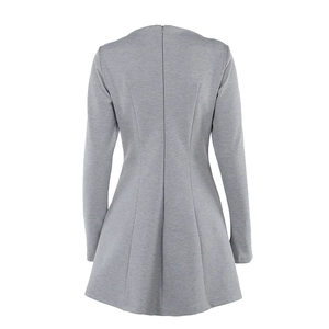 Rear view of slim fit gray long sleeve dress with waist detail and invisible zipper