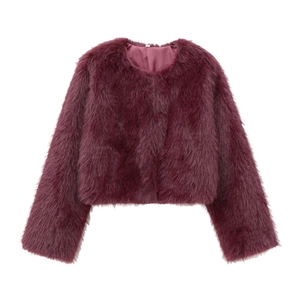 Close-up of the plush faux fur texture and round neck detail on this burgundy jacket