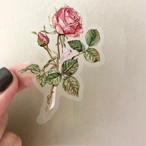 Pink rose floral PET sticker with clear edges for scrapbooking and creative decoration
