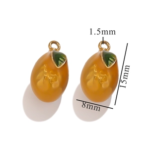 Macro detail of orange fruit pendant with green leaf showing 15mm height and 8mm width