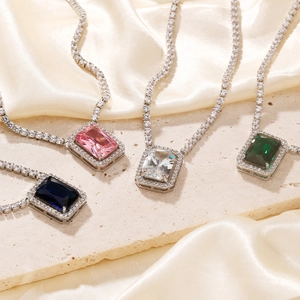 Luxury Rectangular Zirconia Pendant Necklace For Women Copper Electroplated Geometric Tennis Chain Vintage Jewelry Gift