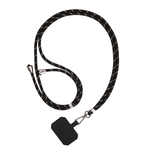 Adjustable crossbody phone lanyard with black woven strap and secure metal hooks