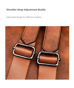 Macro detail of adjustable shoulder strap with metal buckle on retro leather backpack
