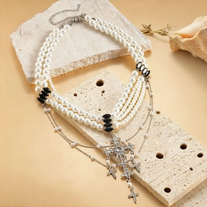 Gothic multilayer pearl sweater chain with rhinestone cross pendants and black stones
