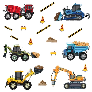 Self-adhesive cartoon construction vehicle wall decals for kids room decoration