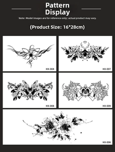 Catalogo dettagliato di tatuaggi temporanei erbali con motivi floreali e farfalle