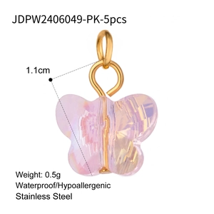 Detailed view of pink enamel butterfly pendant in stainless steel with size and weight info