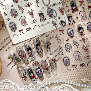 Gothic style nail stickers set with dark anime girl, rabbits and bows for Halloween