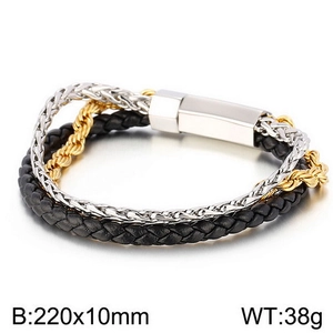 Close-up of triple-layer braided leather and metal chain bracelet with magnetic clasp