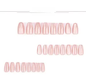 Macro view of nude pink cat eye press-on nails set with shimmering glossy finish