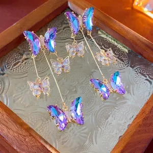 Elegant long butterfly tassel earrings with blue-purple gradient crystals and gold metal